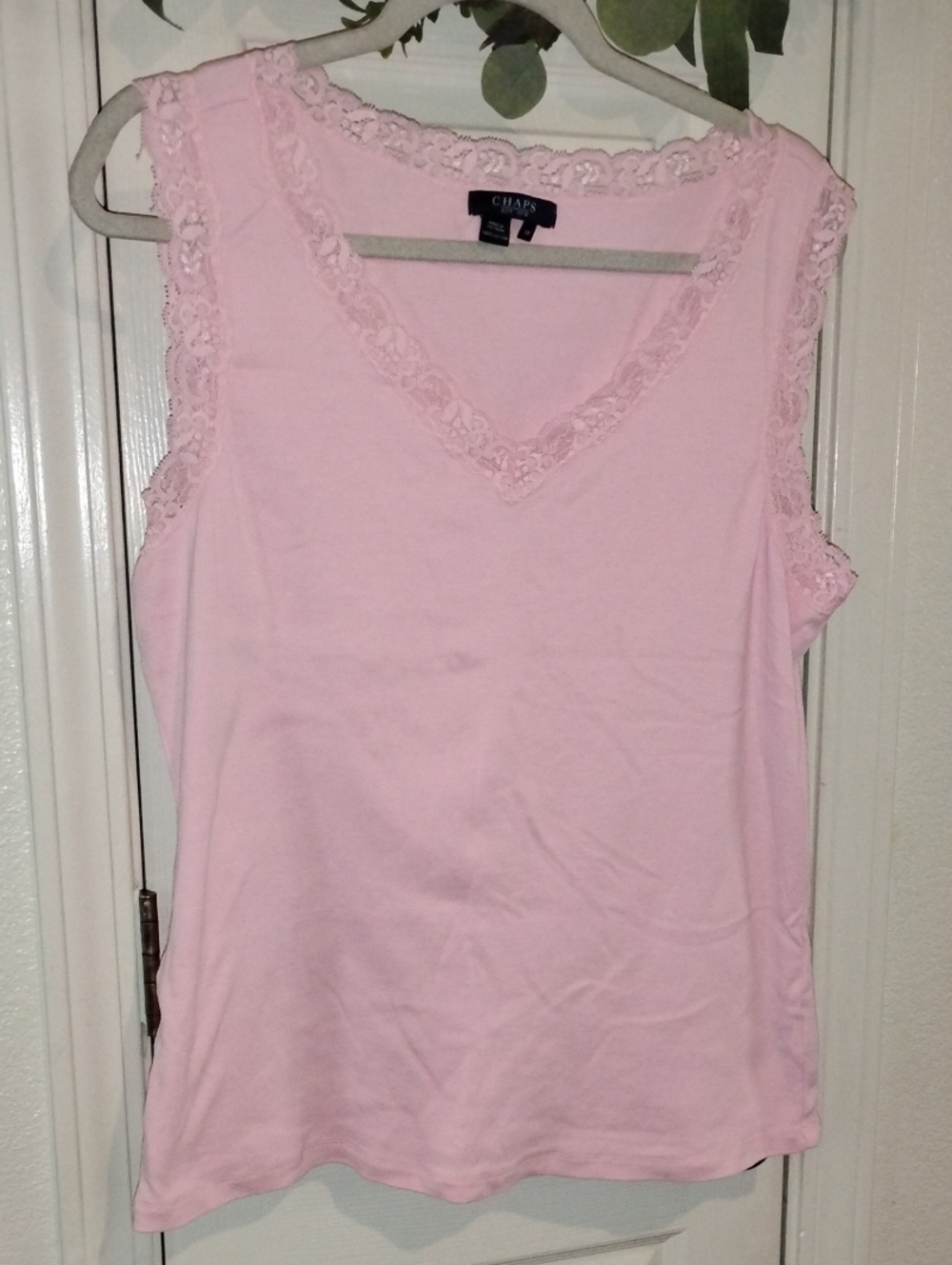 Chaps Light Pink Lace-Trim V-Neck Tank Top